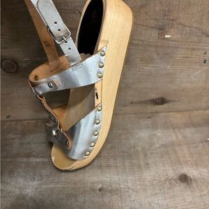 Swedish Hasbeens Silver Leather Platform Clogs